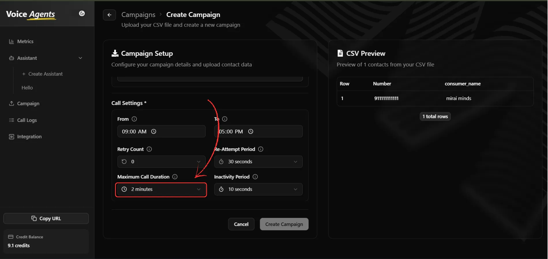 Maximum call duration settings
